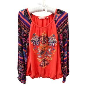 SOFT SURROUNDINGS | Embroidered Paisley Boho Long Sleeve Blouse Top | Small
